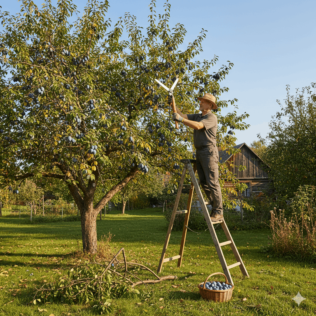 Mann bei der Gartenarbeit Zwetschgenbaum schneiden – der komplette Guide