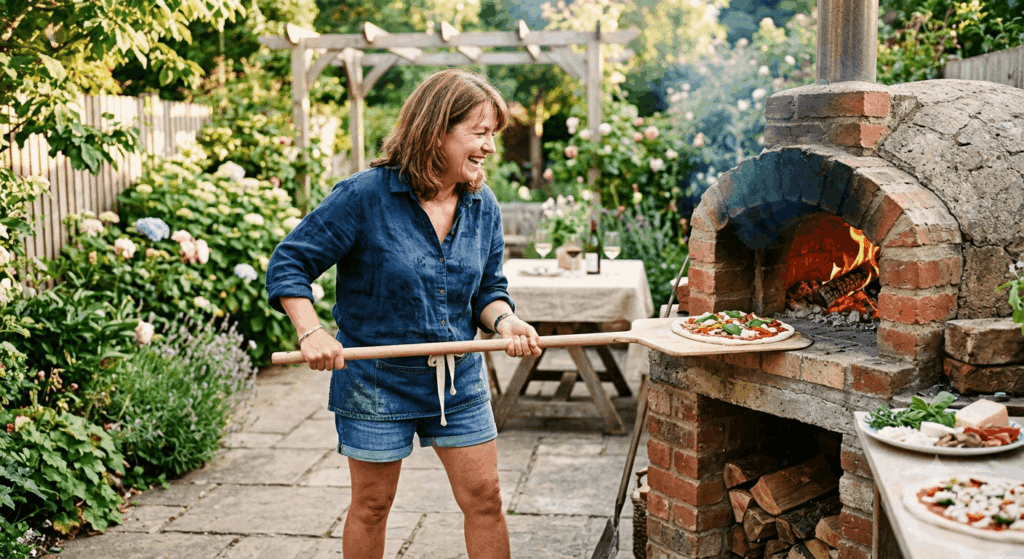 Frau nutzt Pizzaofen im Garten Cozze Pizzaöfen und Gasplanchas für die Outdoor-Küche