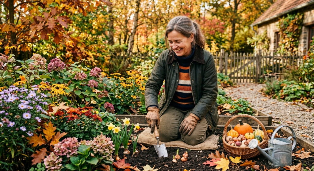 Glückliche Frau Gartenarbeit Herbst Schädlinge im Herbst 2026 Welche Nützlinge jetzt noch helfen und welche bis zum Frühjahr warten müssen